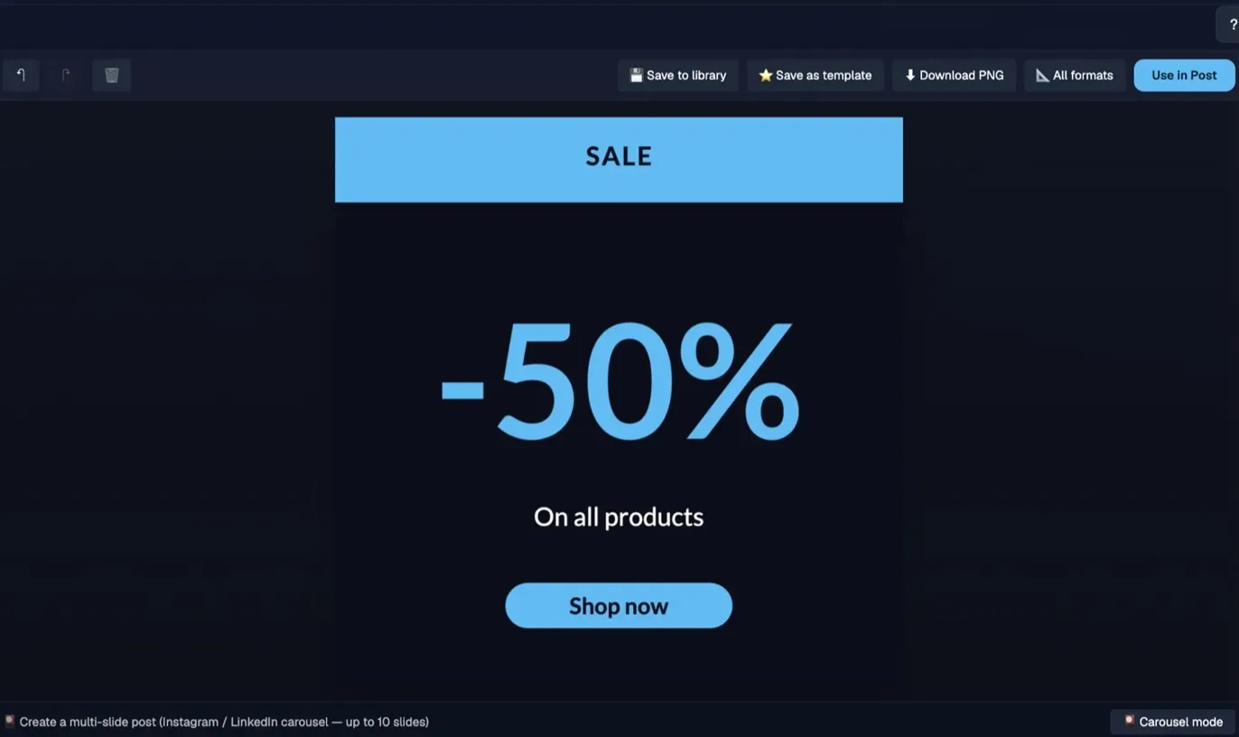 The Postra Studio canvas with a sale graphic and export formats
